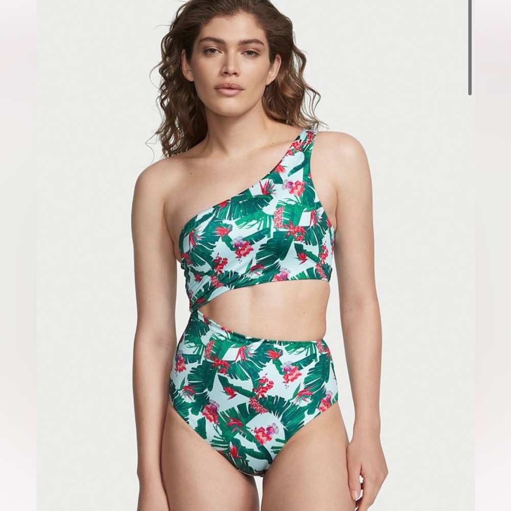 Victoria’s Secret Blue Palm Print One Shoulder One Piece Swim Suit‎ Size Small